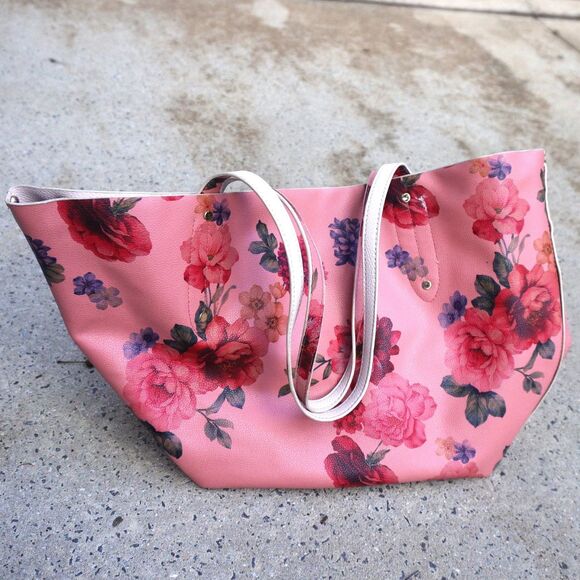 Bebe Reversible Floral Tote Bag Pink Vegan Leather Purse NWT Large - Picture 9 of 11